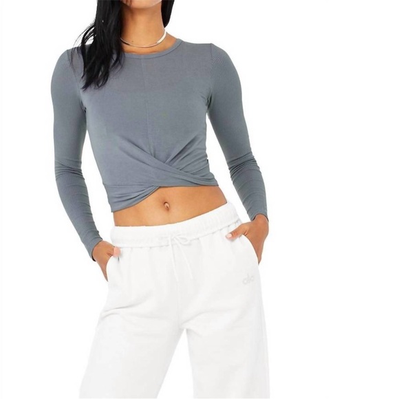 ALO Yoga Slate Long Sleeve Cover Twist Top - Picture 1 of 9